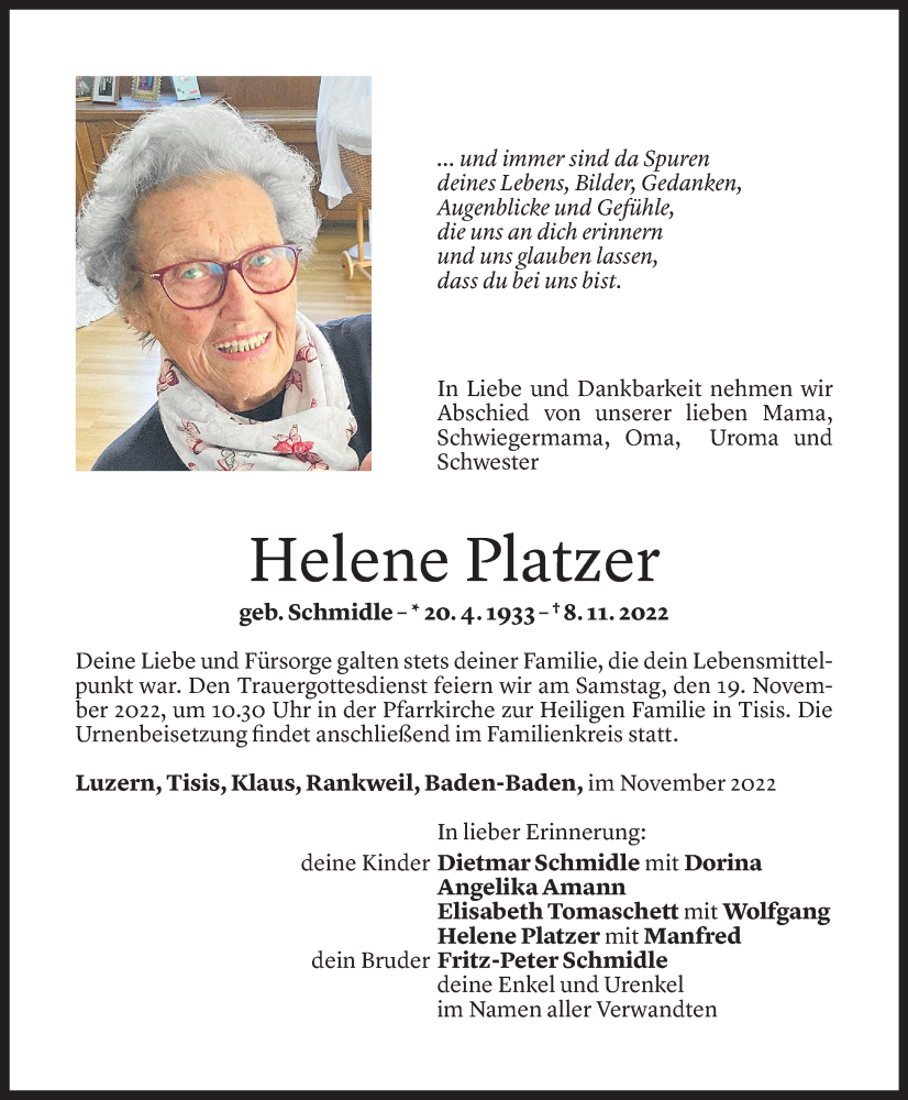  Todesanzeige für Helene Platzer vom 16.11.2022 aus Vorarlberger Nachrichten