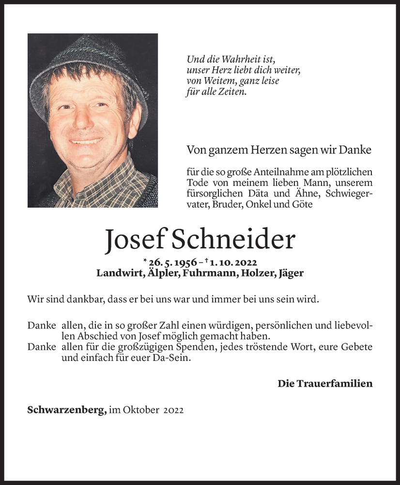 Todesanzeigen von Josef Schneider | Todesanzeigen Vorarlberger Nachrichten