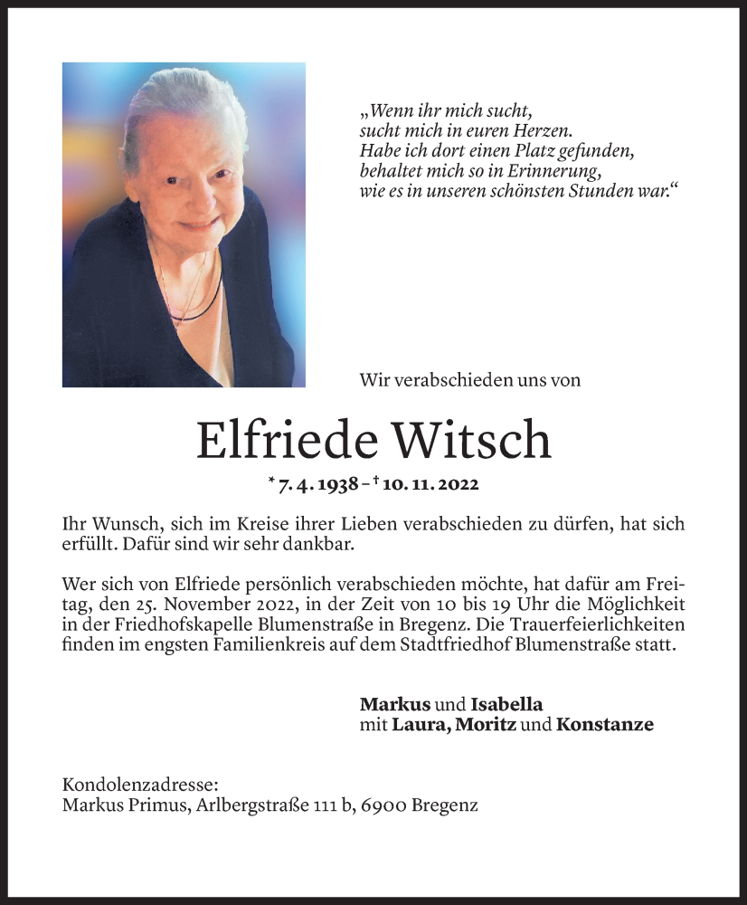  Todesanzeige für Elfriede Witsch vom 23.11.2022 aus Vorarlberger Nachrichten