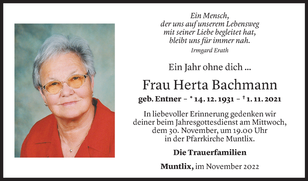  Todesanzeige für Herta Bachmann vom 28.11.2022 aus Vorarlberger Nachrichten