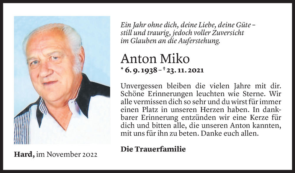  Todesanzeige für Anton Miko vom 23.11.2022 aus Vorarlberger Nachrichten