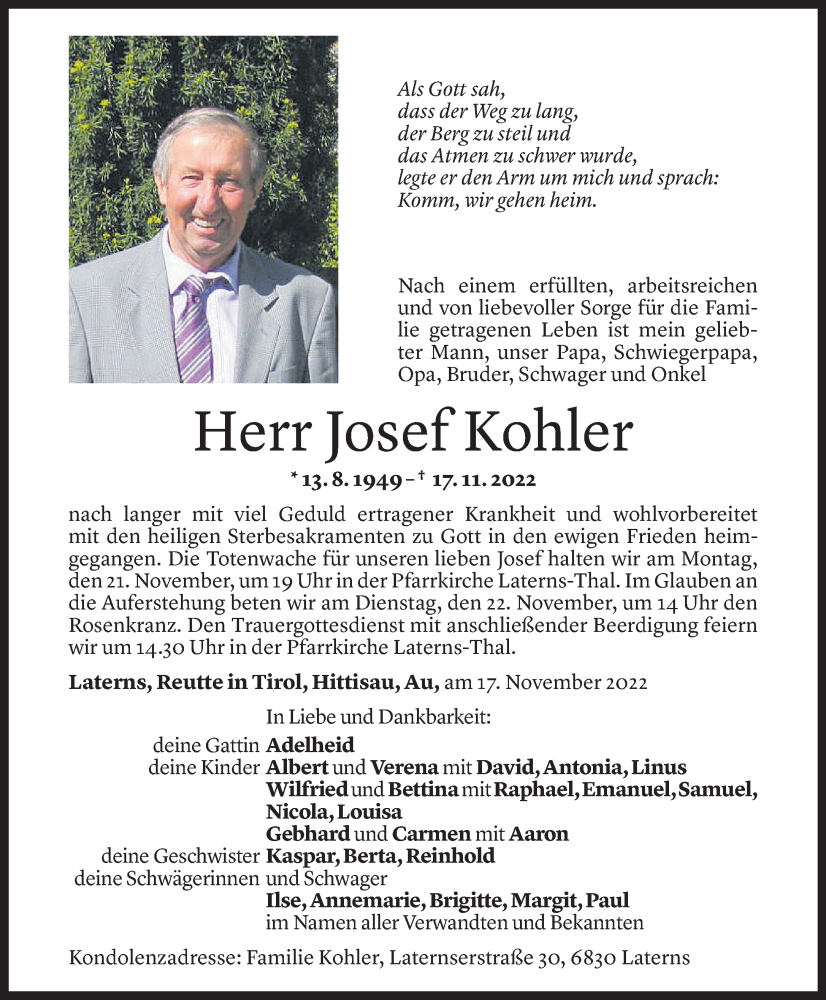  Todesanzeige für Josef Kohler vom 18.11.2022 aus Vorarlberger Nachrichten