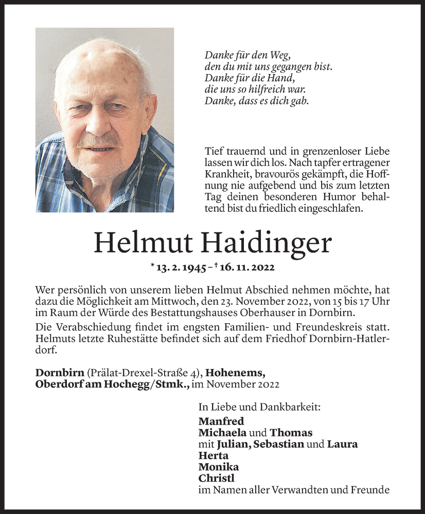 Todesanzeige für Helmut Haidinger vom 21.11.2022 aus Vorarlberger Nachrichten