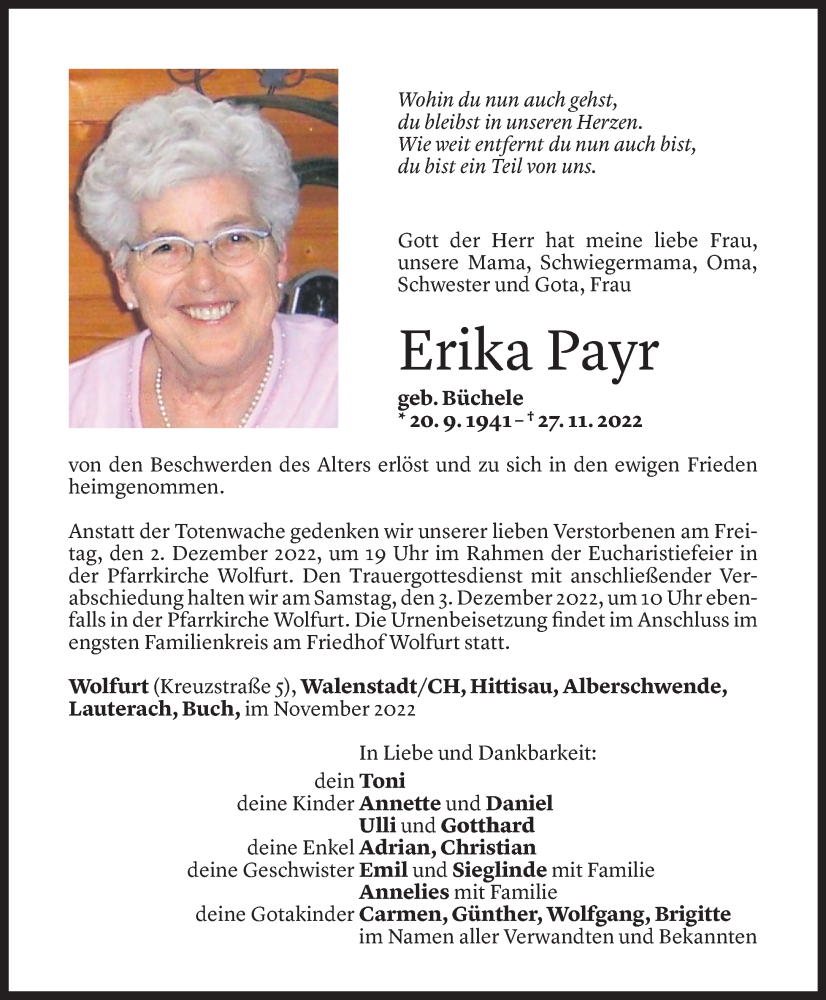  Todesanzeige für Erika Payr vom 30.11.2022 aus Vorarlberger Nachrichten