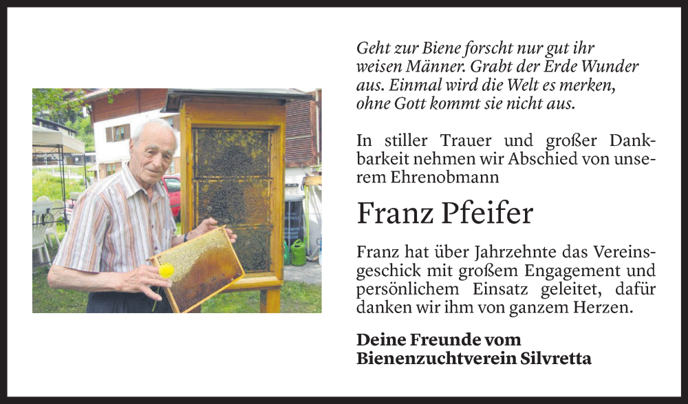  Todesanzeige für Franz Pfeifer vom 02.11.2022 aus Vorarlberger Nachrichten