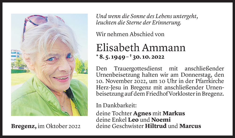  Todesanzeige für Elisabeth Ammann vom 04.11.2022 aus Vorarlberger Nachrichten