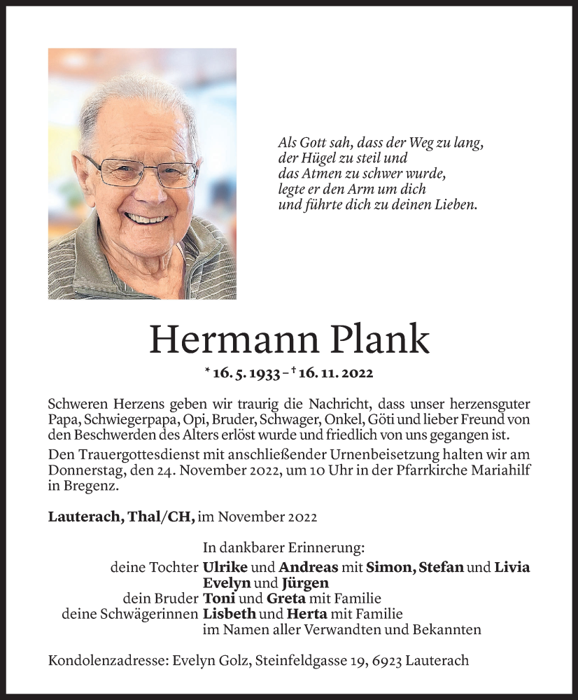  Todesanzeige für Hermann Plank vom 18.11.2022 aus Vorarlberger Nachrichten