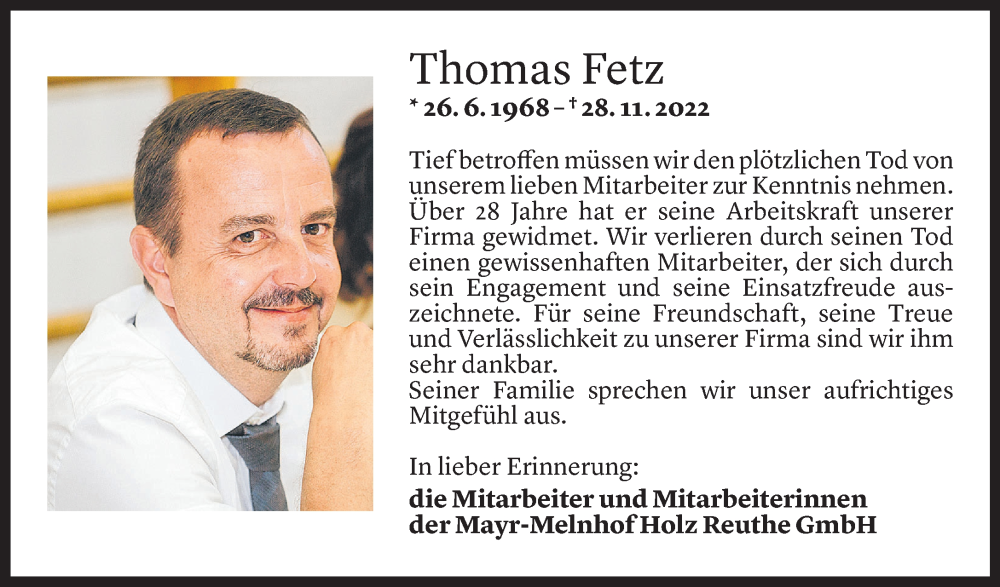  Todesanzeige für Thomas Fetz vom 30.11.2022 aus Vorarlberger Nachrichten