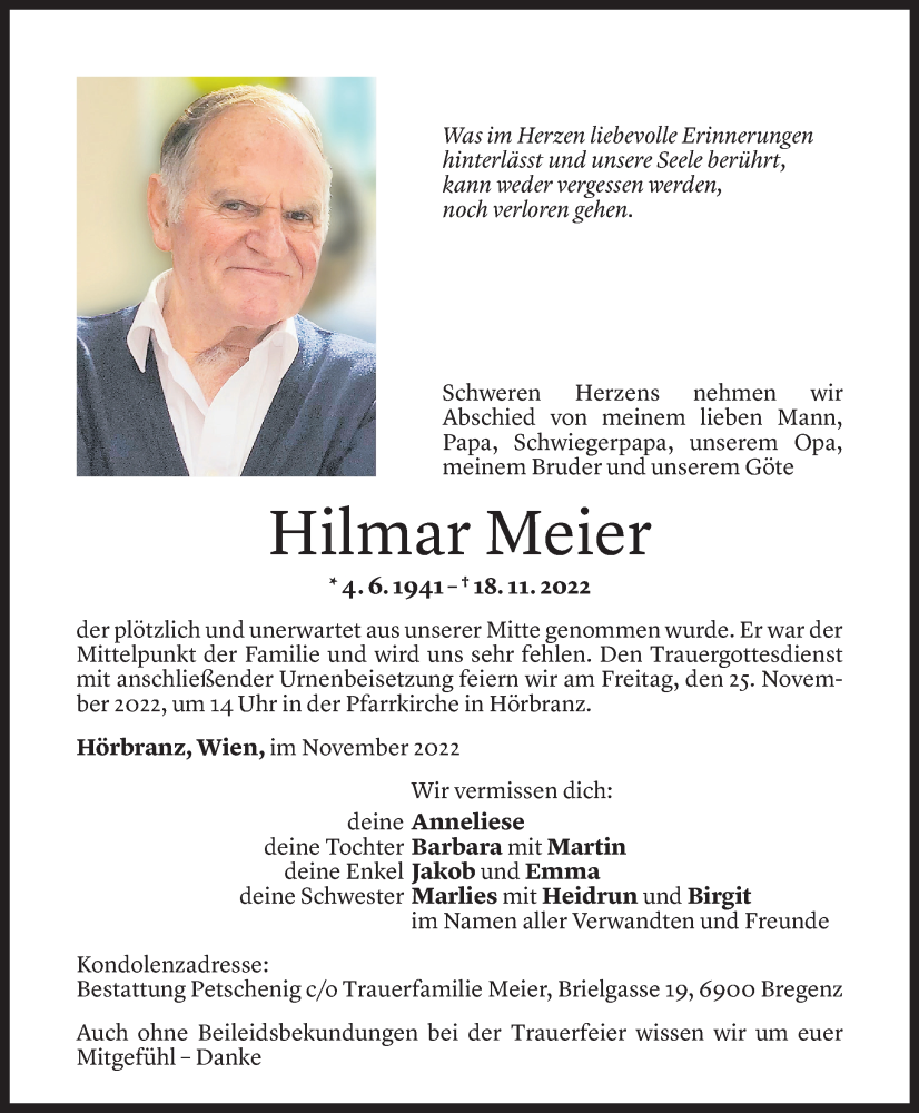  Todesanzeige für Hilmar Meier vom 23.11.2022 aus Vorarlberger Nachrichten