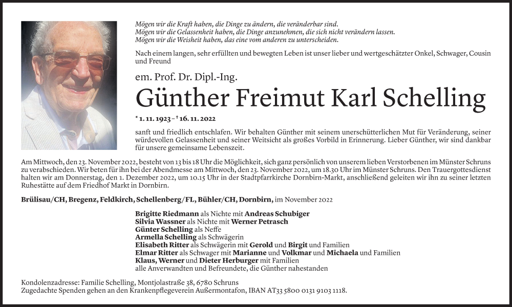  Todesanzeige für Günther Freimut Karl Schelling vom 18.11.2022 aus Vorarlberger Nachrichten