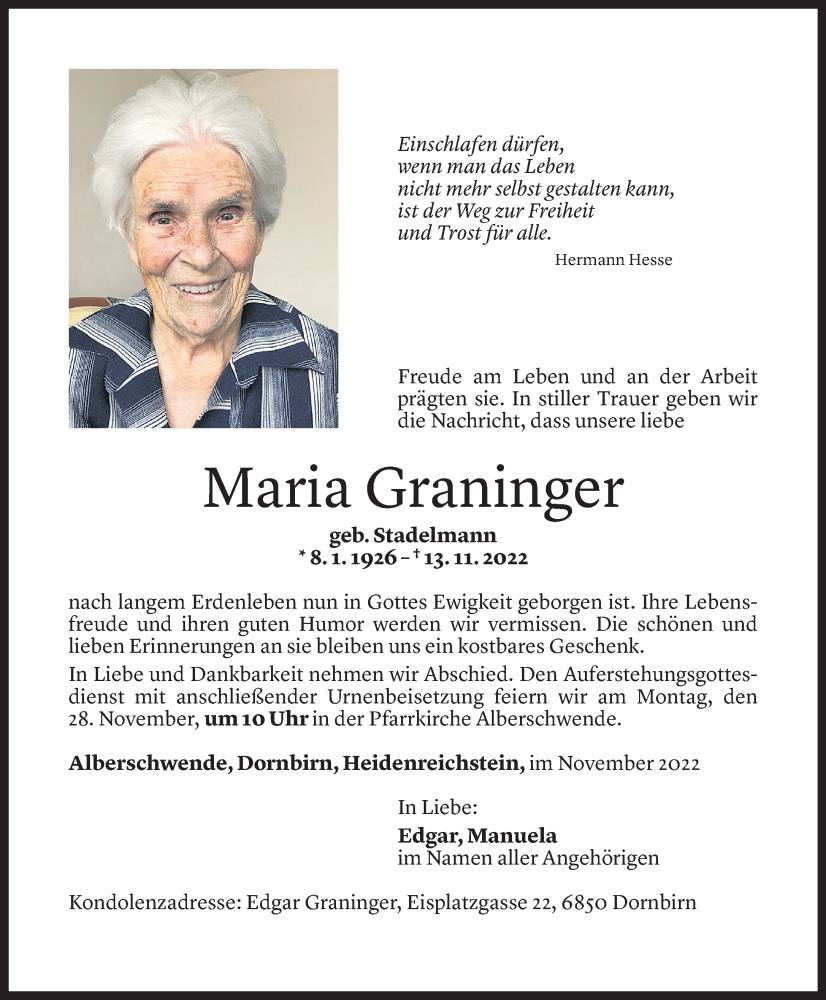  Todesanzeige für Maria Graninger vom 24.11.2022 aus Vorarlberger Nachrichten