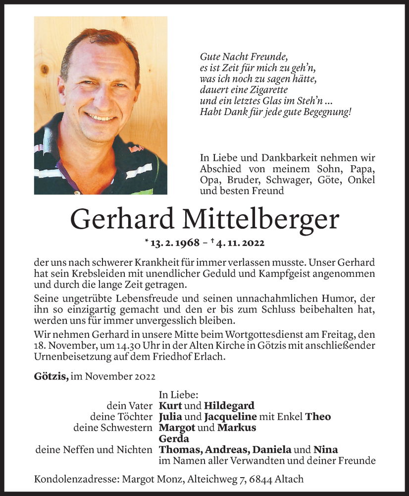  Todesanzeige für Gerhard Mittelberger vom 16.11.2022 aus Vorarlberger Nachrichten