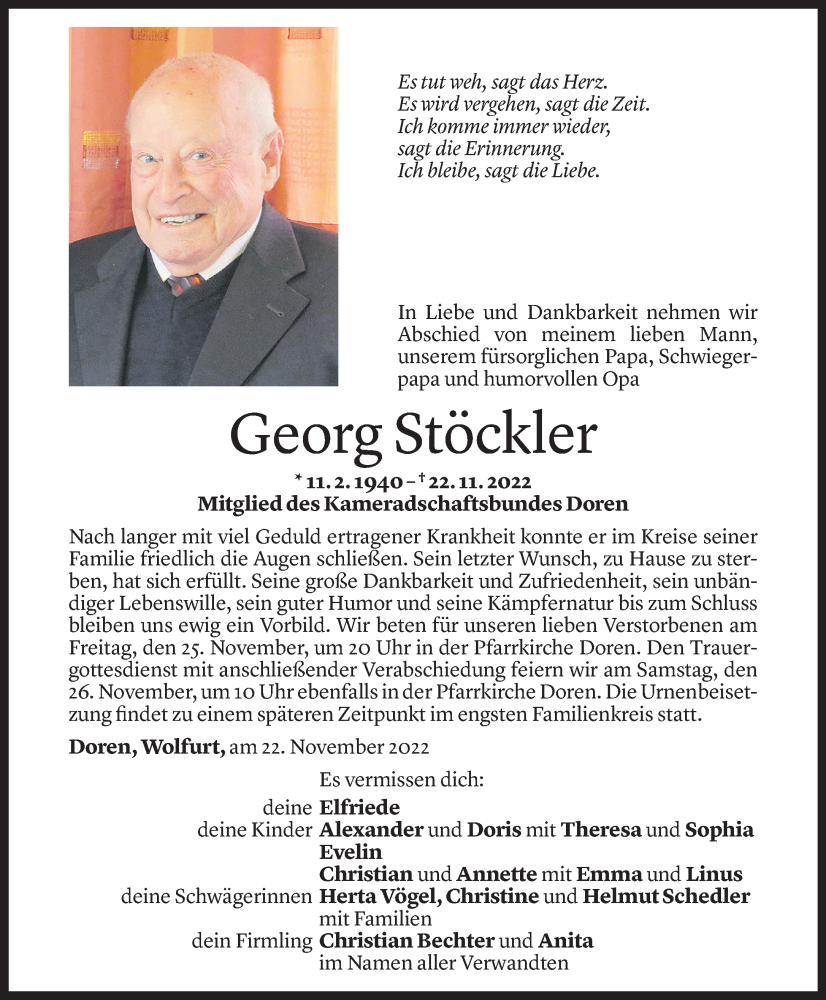  Todesanzeige für Georg Stöckler vom 24.11.2022 aus Vorarlberger Nachrichten