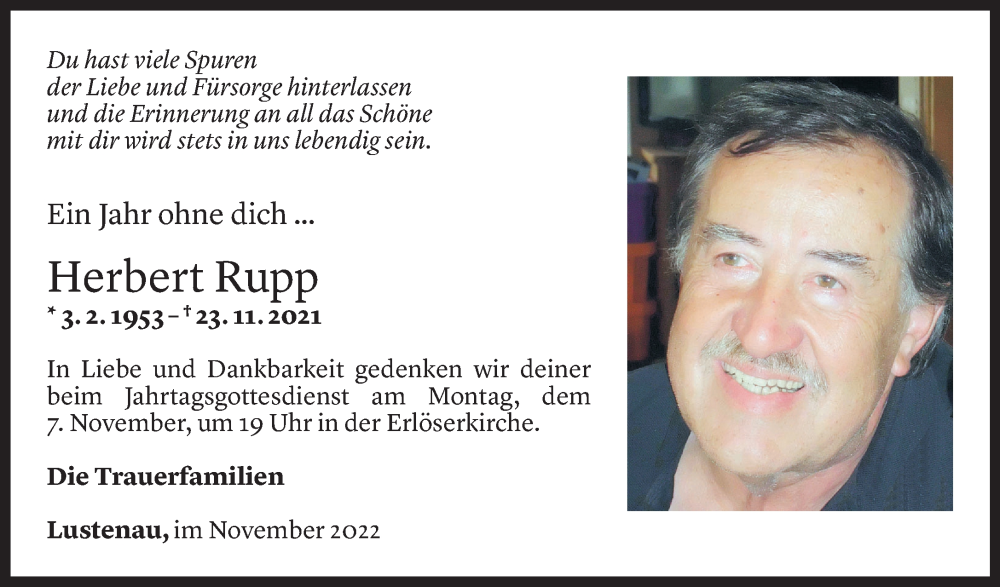  Todesanzeige für Herbert Rupp vom 04.11.2022 aus Vorarlberger Nachrichten