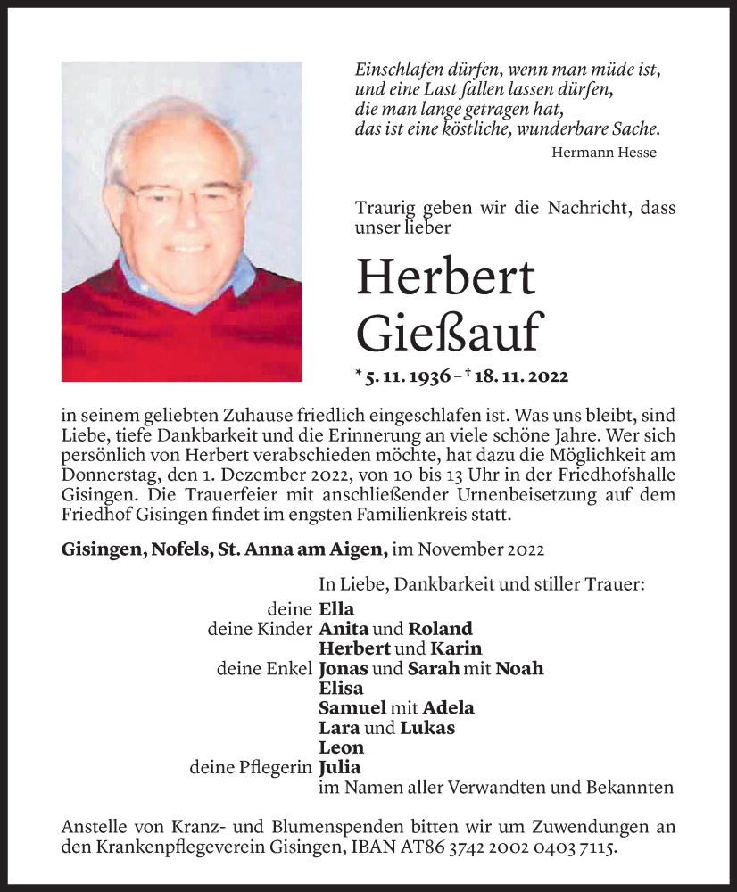  Todesanzeige für Herbert Gießauf vom 25.11.2022 aus Vorarlberger Nachrichten