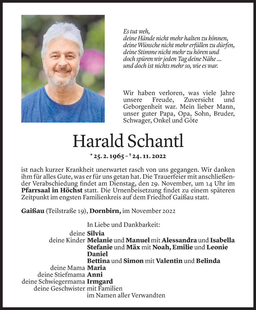  Todesanzeige für Harald Schantl vom 25.11.2022 aus Vorarlberger Nachrichten