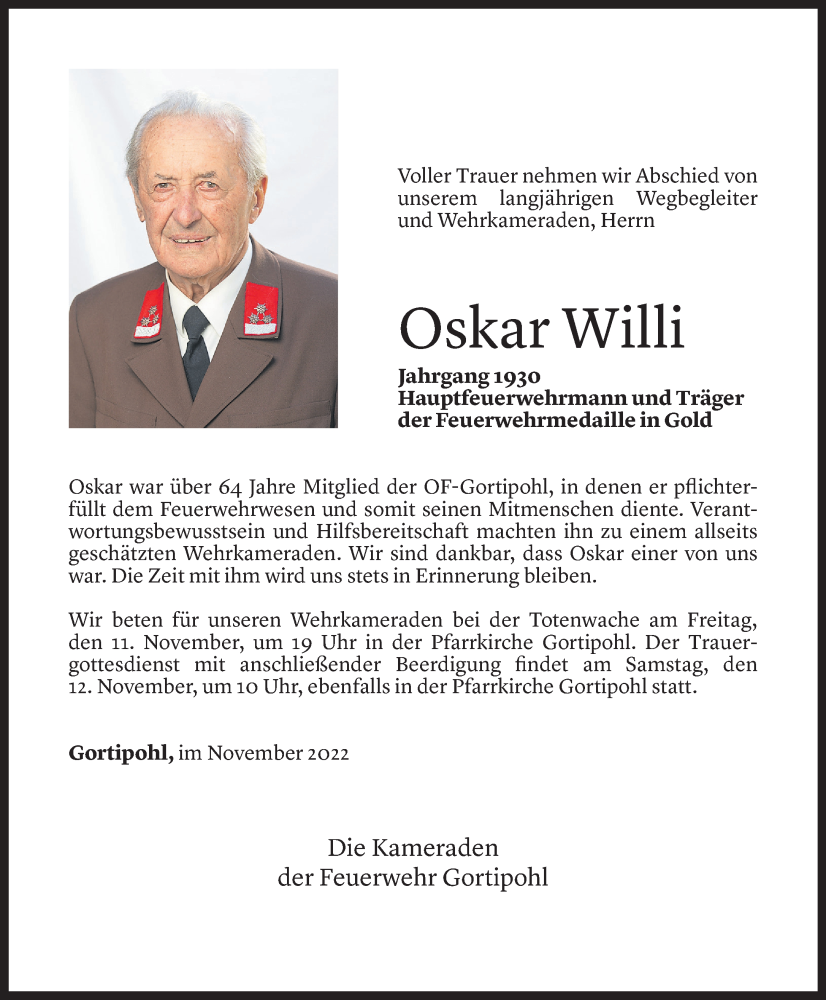  Todesanzeige für Oskar Willi vom 10.11.2022 aus Vorarlberger Nachrichten