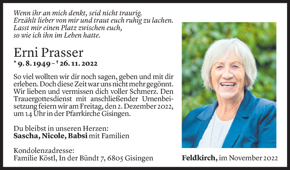  Todesanzeige für Erni Prasser vom 30.11.2022 aus Vorarlberger Nachrichten