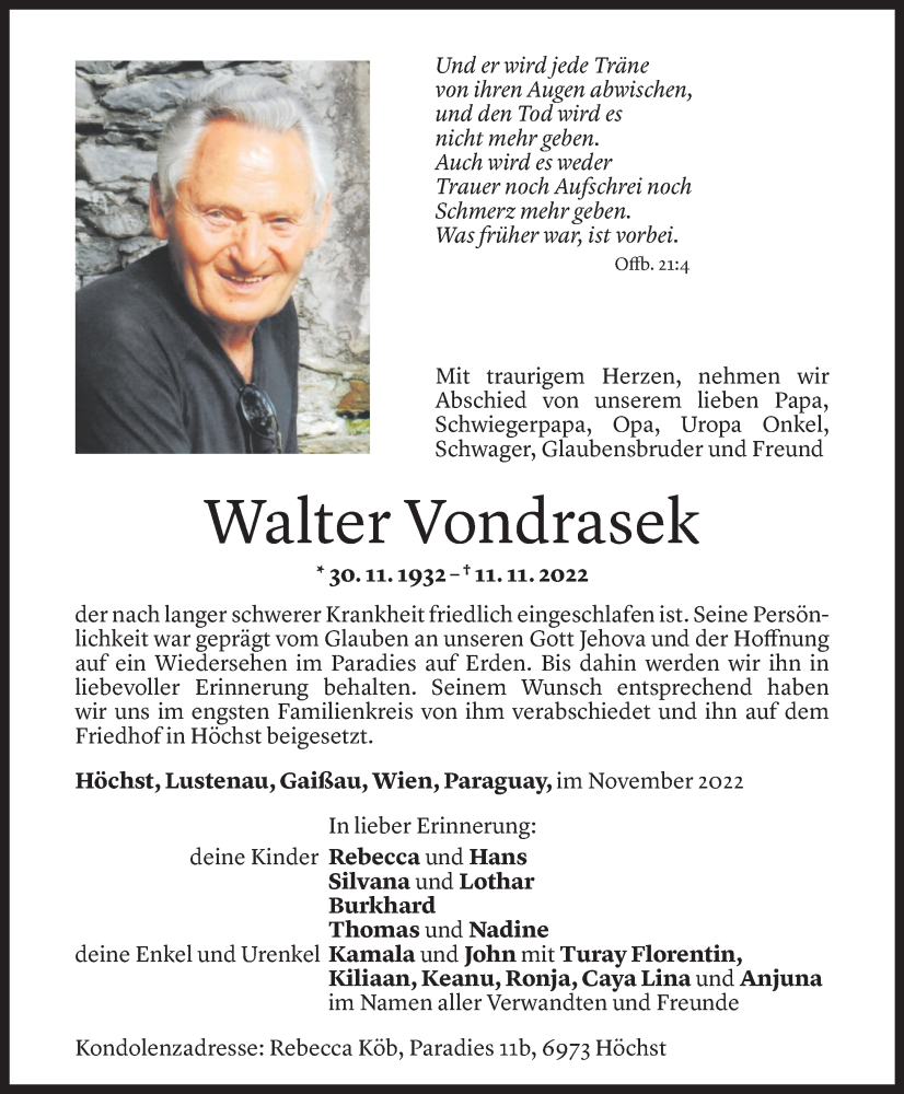  Todesanzeige für Walter Vondrasek vom 23.11.2022 aus Vorarlberger Nachrichten
