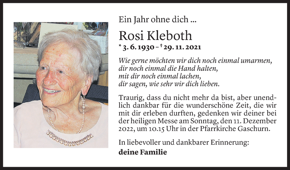 Todesanzeige für Rosi Kleboth vom 28.11.2022 aus Vorarlberger Nachrichten
