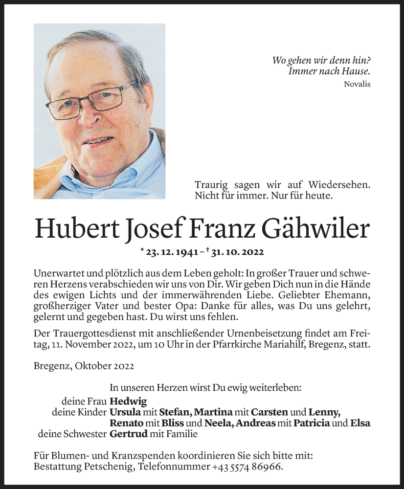  Todesanzeige für Hubert Gähwiler vom 04.11.2022 aus Vorarlberger Nachrichten