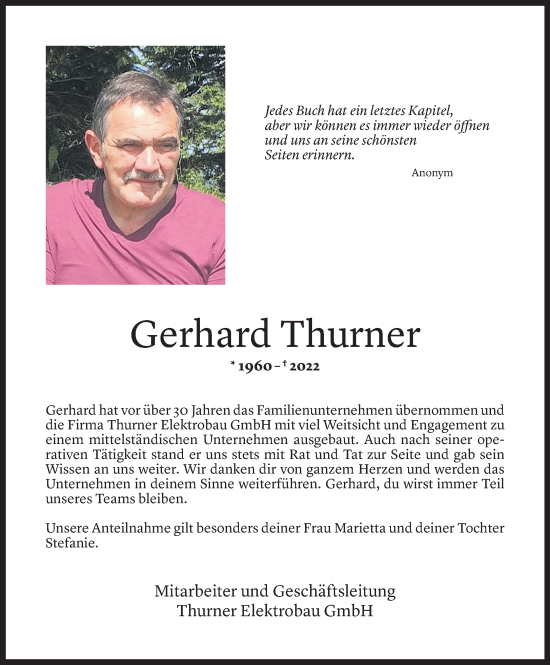 Todesanzeige von Gerhard Thurner von Vorarlberger Nachrichten