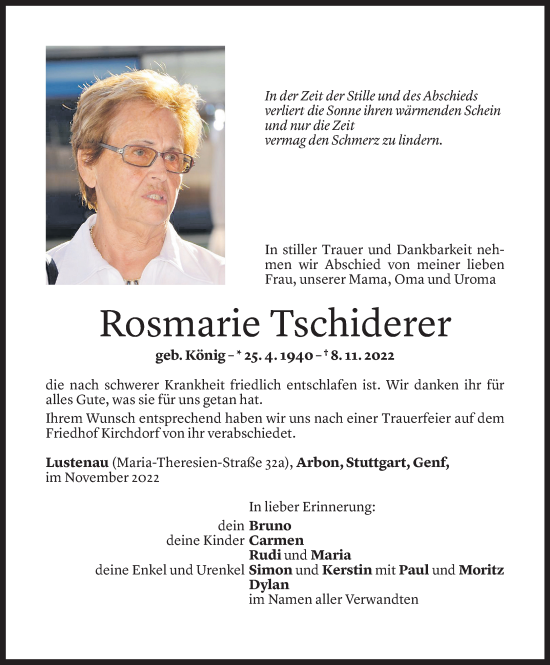 Todesanzeigen Von Rosmarie Tschiderer | Todesanzeigen Vorarlberger ...