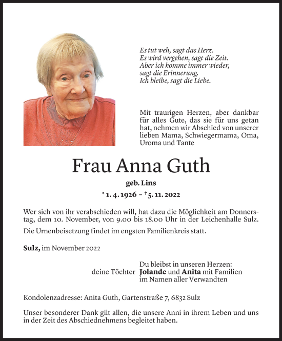 Todesanzeigen von Anna Guth | Todesanzeigen Vorarlberger Nachrichten