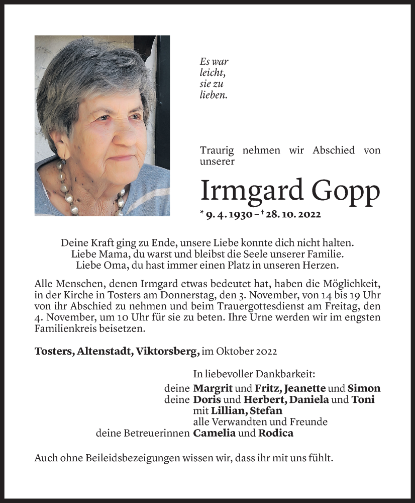  Todesanzeige für Irmgard Gopp vom 01.11.2022 aus Vorarlberger Nachrichten