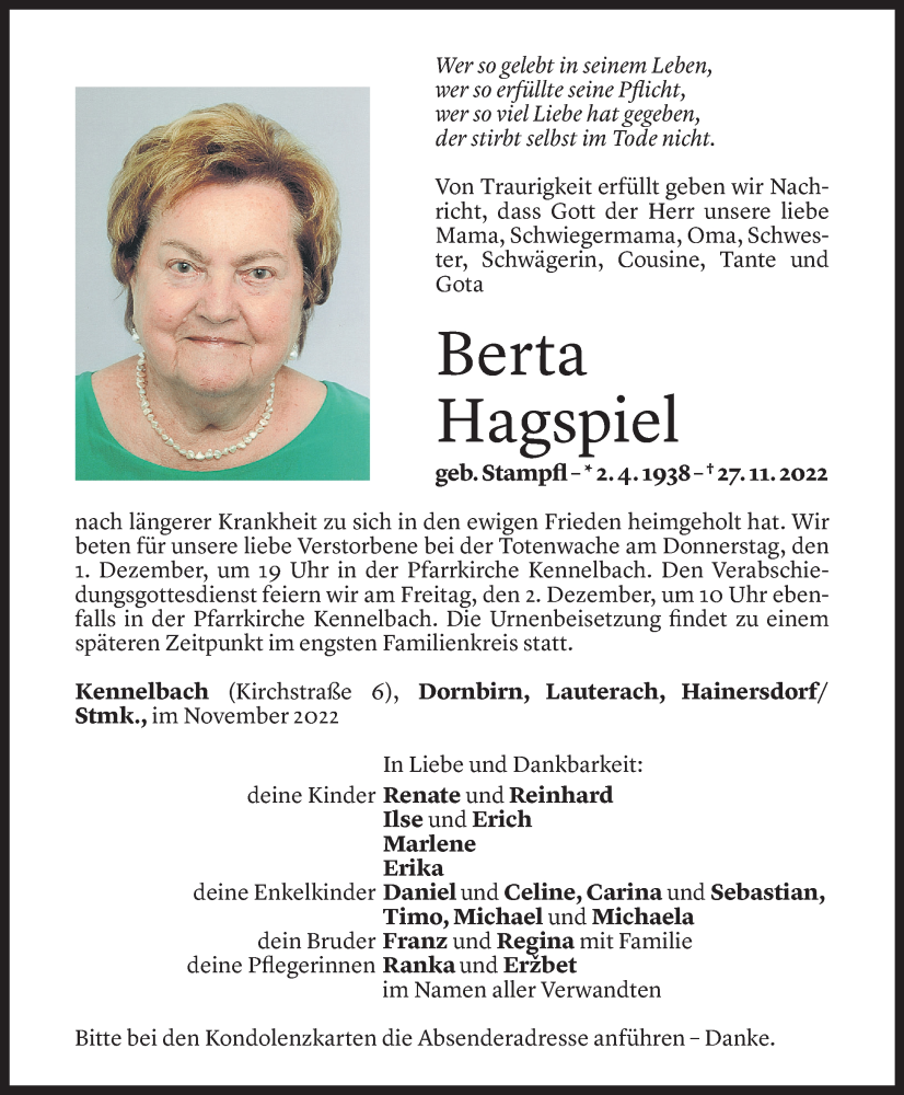  Todesanzeige für Berta Hagspiel vom 29.11.2022 aus Vorarlberger Nachrichten