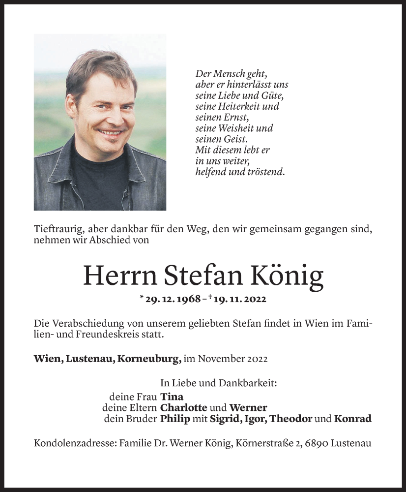  Todesanzeige für Stefan König vom 25.11.2022 aus Vorarlberger Nachrichten