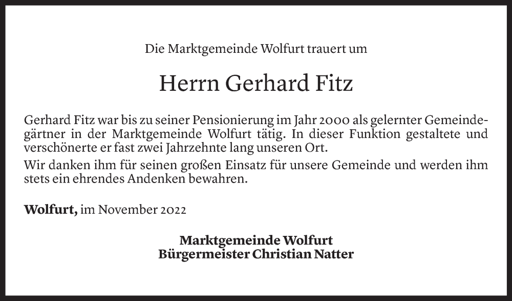  Todesanzeige für Gerhard Fitz vom 25.11.2022 aus Vorarlberger Nachrichten