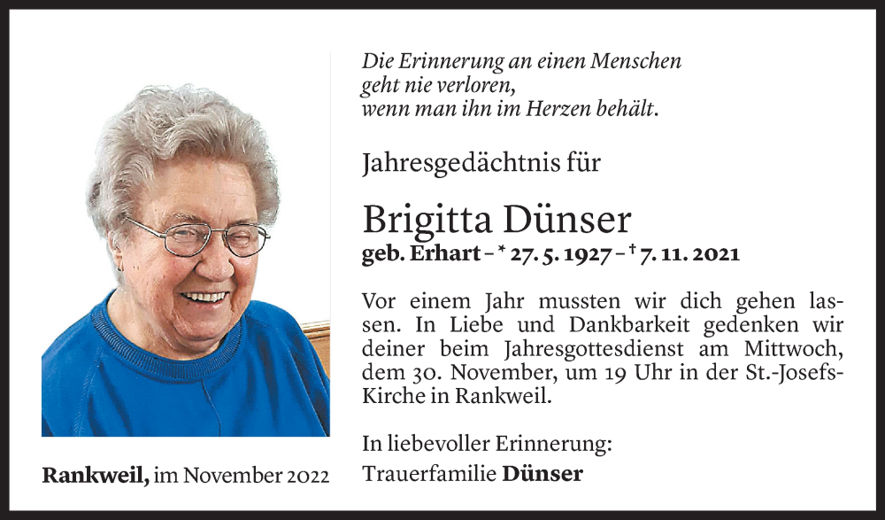  Todesanzeige für Brigitta Dünser vom 04.11.2022 aus Vorarlberger Nachrichten