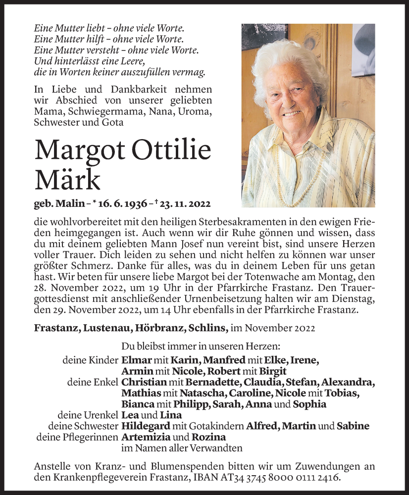  Todesanzeige für Margot Ottilie Märk vom 25.11.2022 aus Vorarlberger Nachrichten