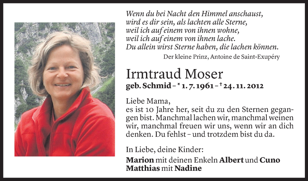  Todesanzeige für Irmtraud Moser vom 24.11.2022 aus Vorarlberger Nachrichten