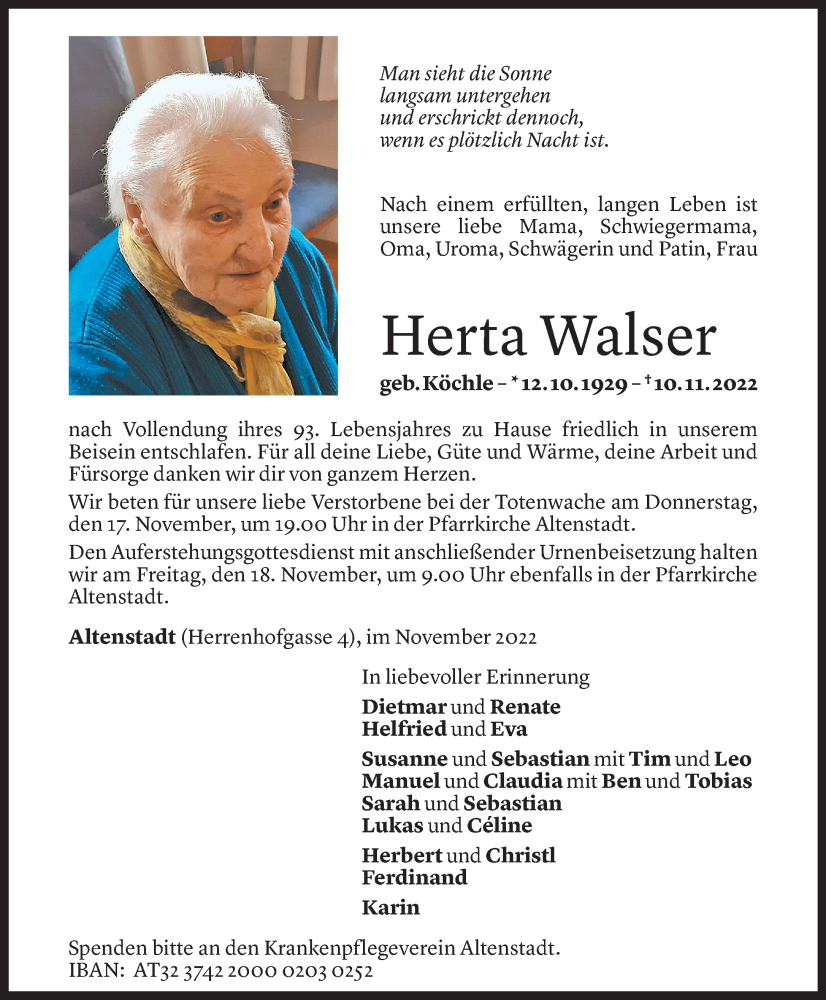  Todesanzeige für Herta Walser vom 15.11.2022 aus Vorarlberger Nachrichten