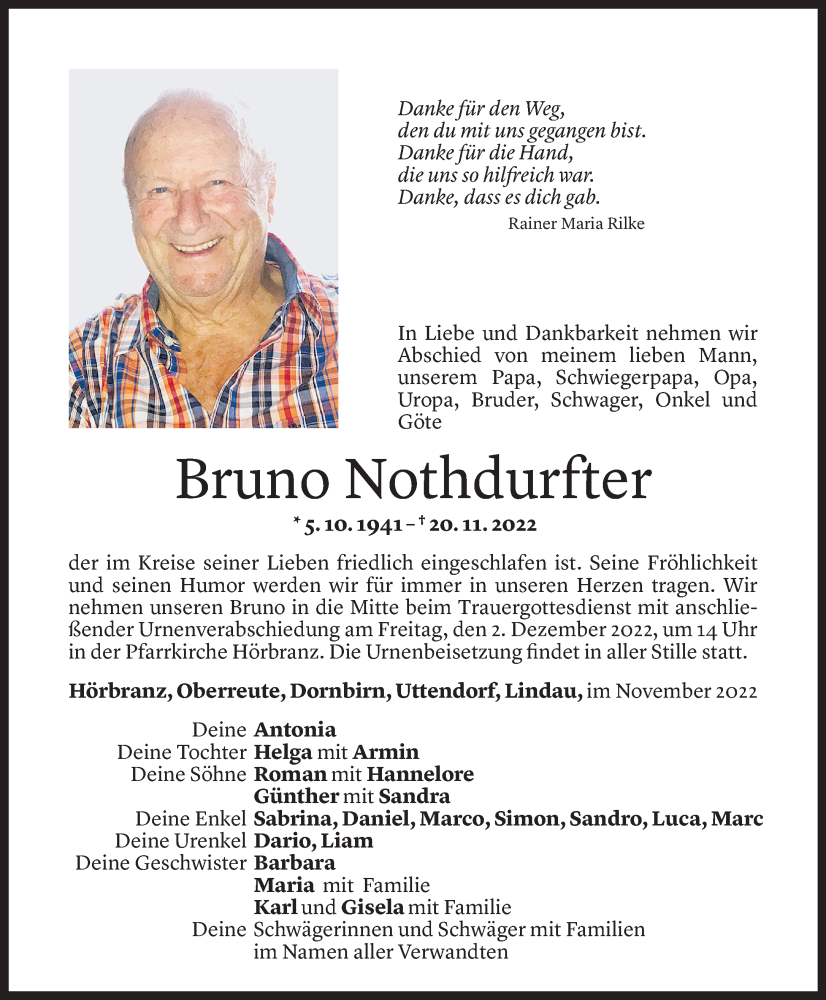  Todesanzeige für Bruno Nothdurfter vom 30.11.2022 aus Vorarlberger Nachrichten