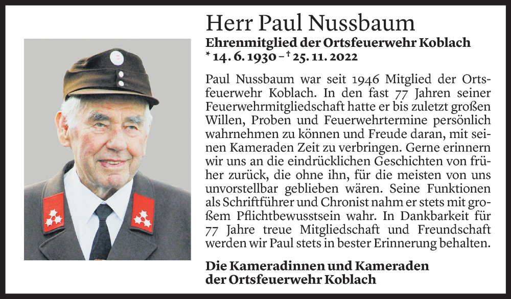  Todesanzeige für Paul Nussbaum vom 30.11.2022 aus Vorarlberger Nachrichten
