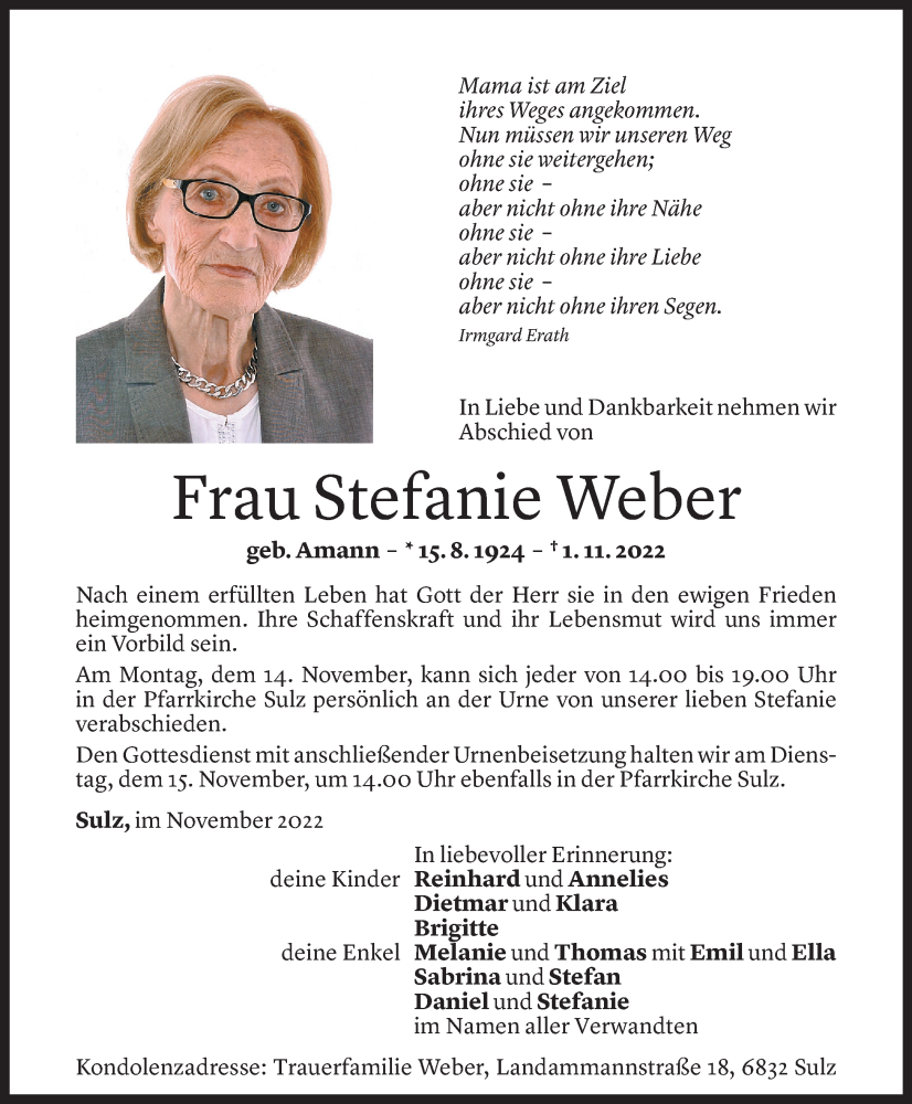  Todesanzeige für Stefanie Weber vom 12.11.2022 aus Vorarlberger Nachrichten