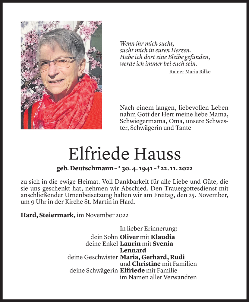  Todesanzeige für Elfriede Hauss vom 23.11.2022 aus Vorarlberger Nachrichten