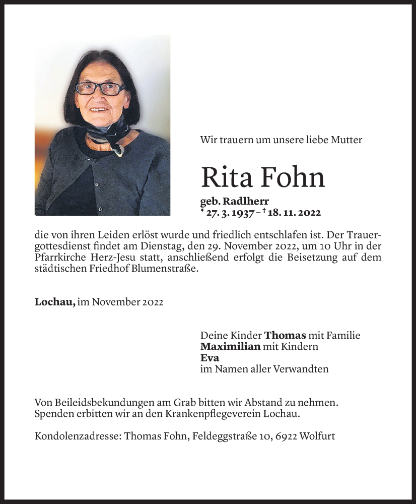  Todesanzeige für Rita Fohn vom 25.11.2022 aus Vorarlberger Nachrichten