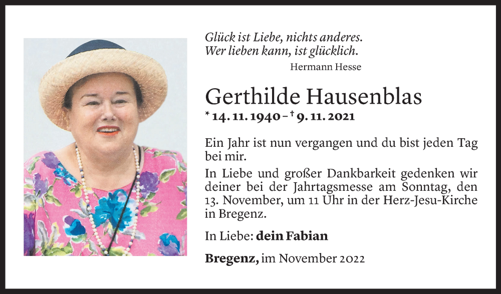  Todesanzeige für Gerthilde Hausenblas vom 07.11.2022 aus Vorarlberger Nachrichten