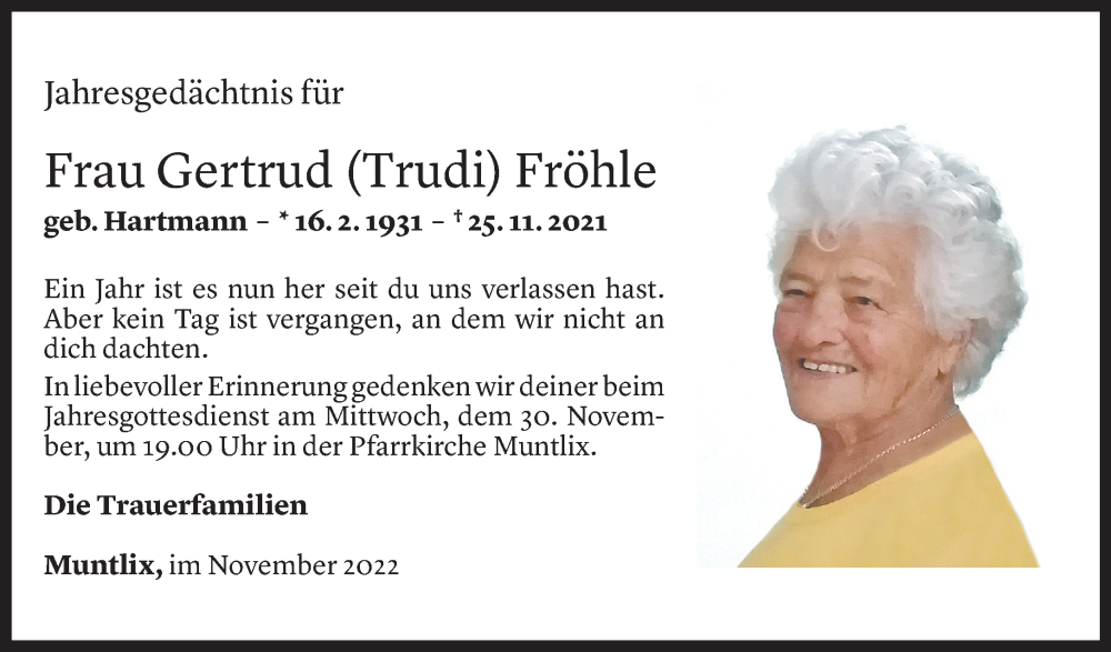  Todesanzeige für Gertrud Fröhle vom 25.11.2022 aus Vorarlberger Nachrichten