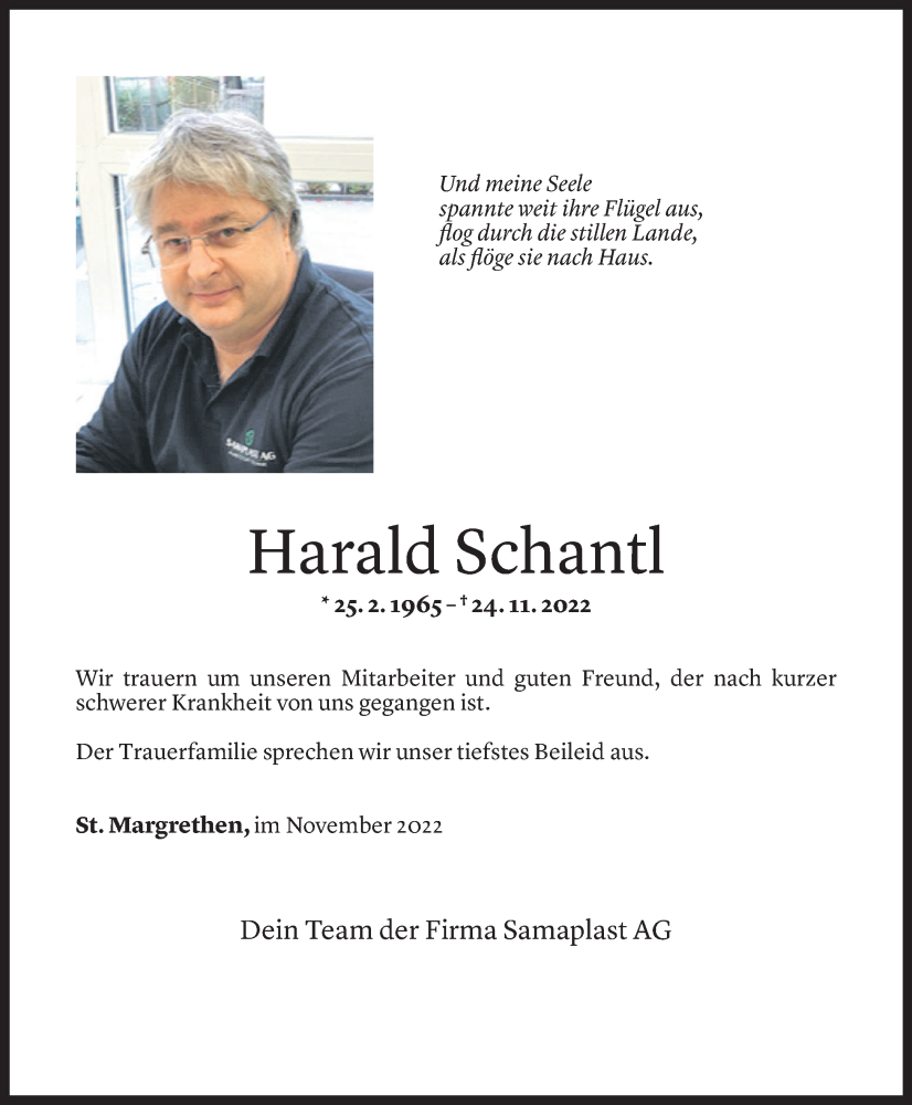  Todesanzeige für Harald Schantl vom 27.11.2022 aus Vorarlberger Nachrichten