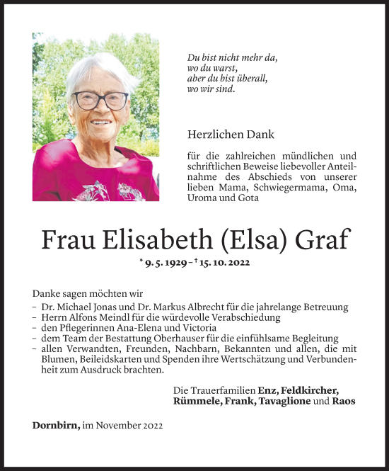Todesanzeige von Elisabeth Graf von Vorarlberger Nachrichten