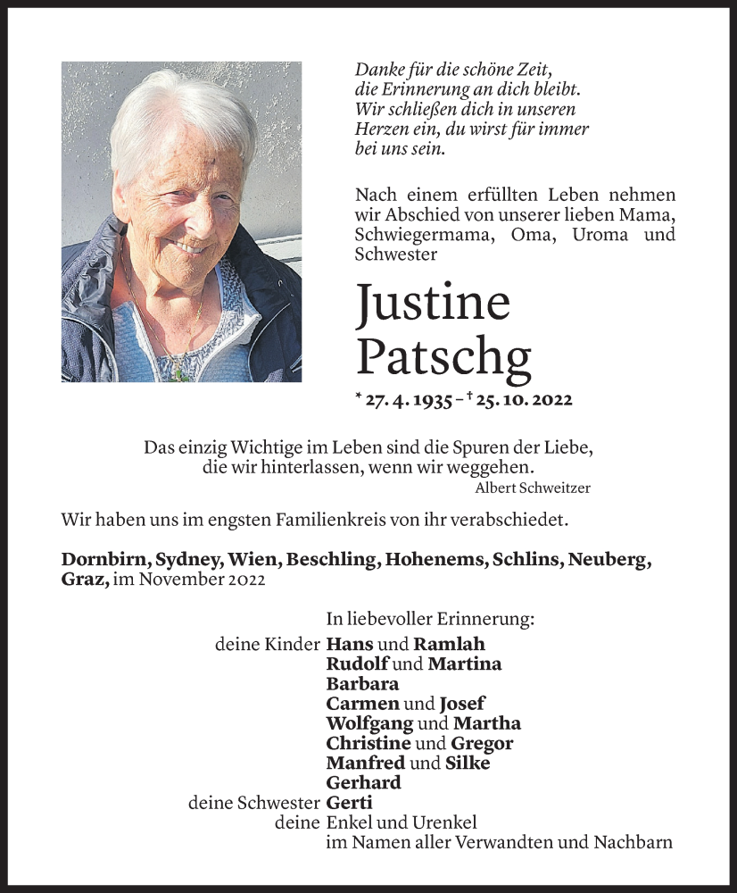  Todesanzeige für Justine Patschg vom 23.11.2022 aus Vorarlberger Nachrichten