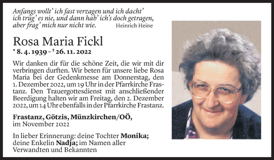 Todesanzeige von Rosa Maria Fickl von Vorarlberger Nachrichten