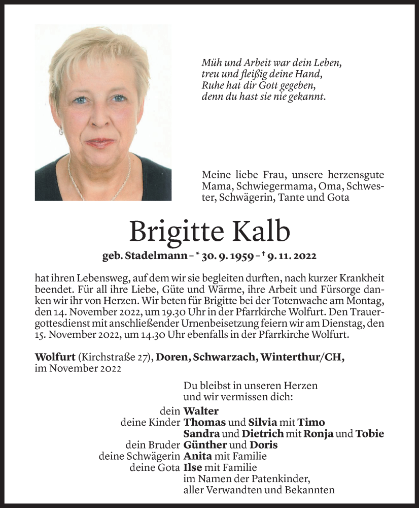  Todesanzeige für Brigitte Kalb vom 11.11.2022 aus Vorarlberger Nachrichten