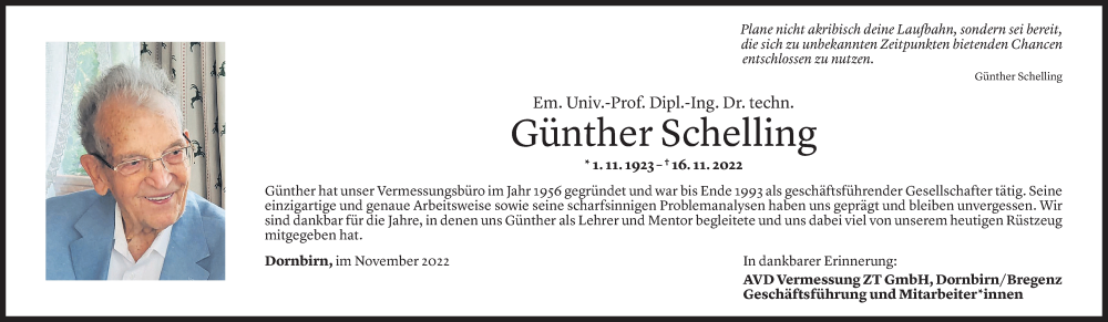  Todesanzeige für Günther Freimut Karl Schelling vom 20.11.2022 aus Vorarlberger Nachrichten