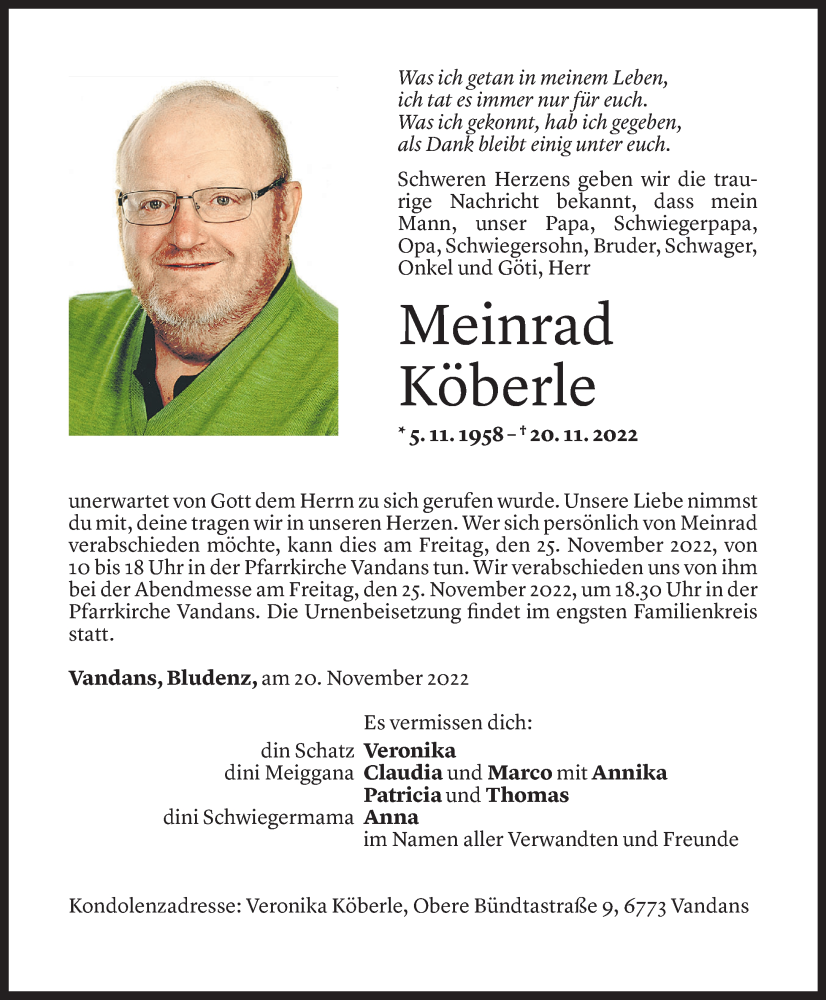  Todesanzeige für Meinrad Köberle vom 23.11.2022 aus Vorarlberger Nachrichten